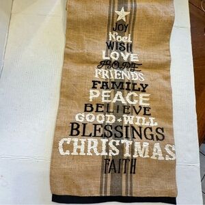 Holiday Christmas Burlap Table Runner Tree Love Joy Friends Faith Noel 14.5"x75"